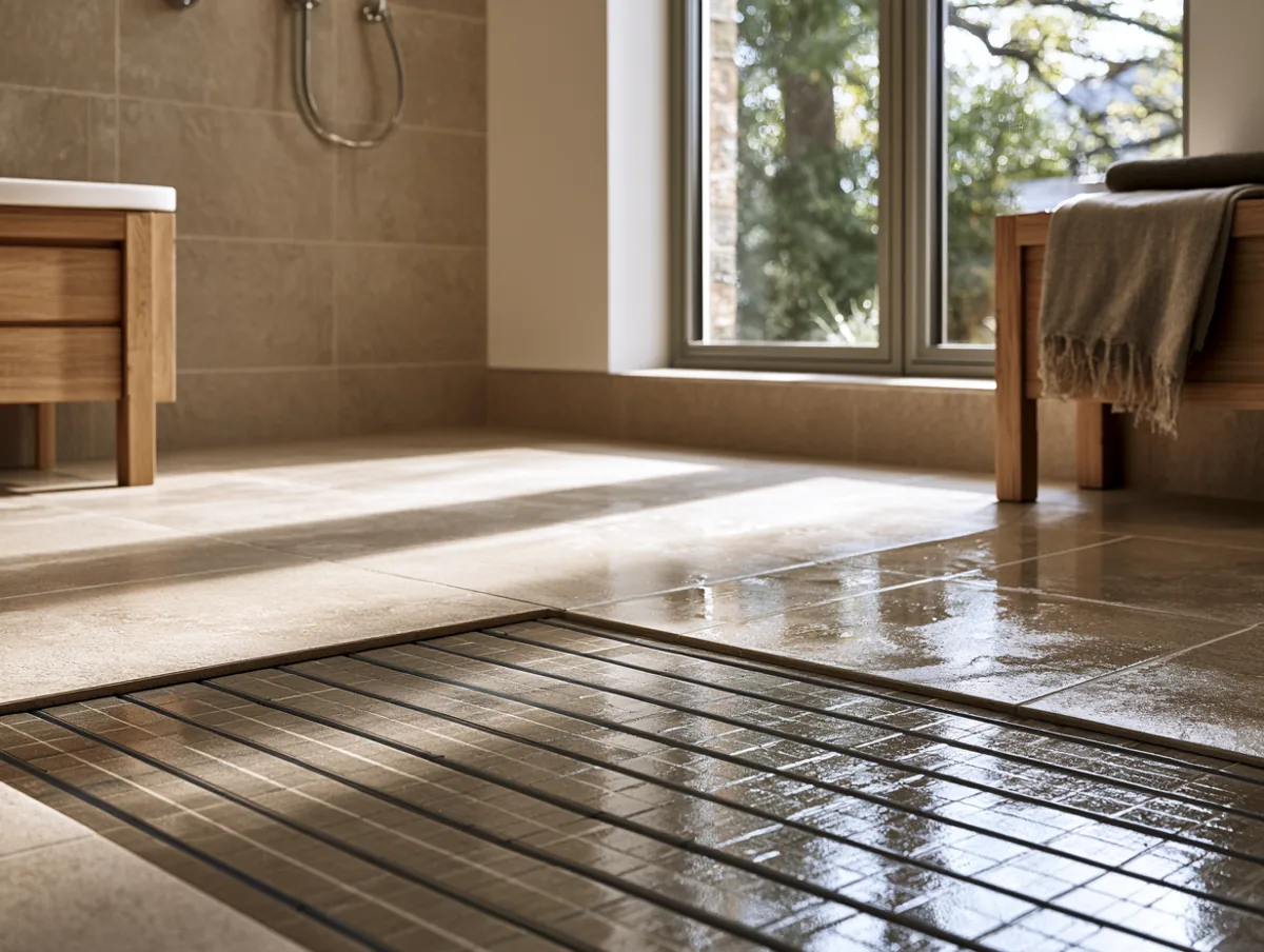 Tiled bathroom with underfloor heating manifold visible