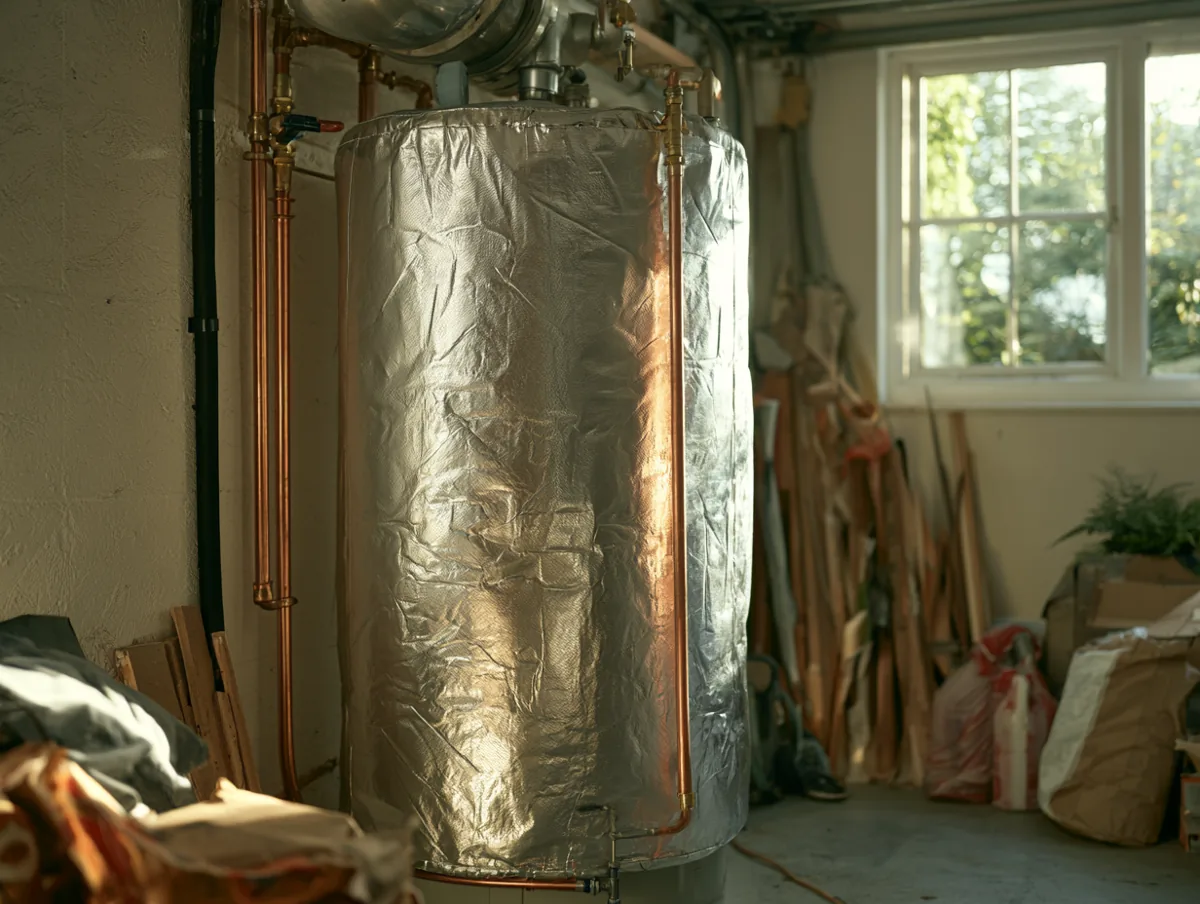 Geyser wrapped in an insulation blanket with neat pipework