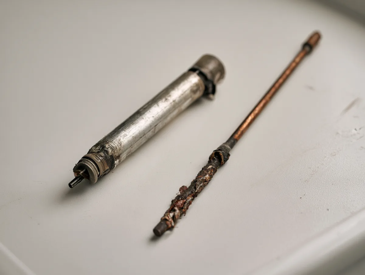 Geyser element and anode rod laid on a clean bench