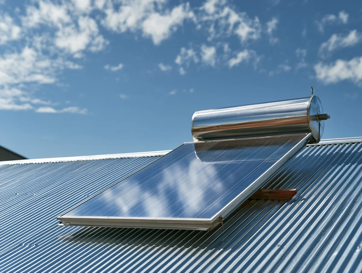 Solar geyser panel and tank on a corrugated iron roof against a blue sky