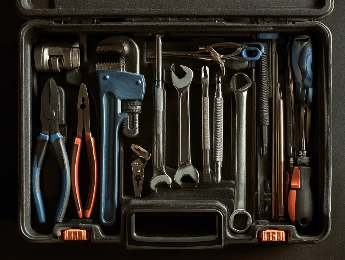 Toolbox open showing neat plumbing hand tools